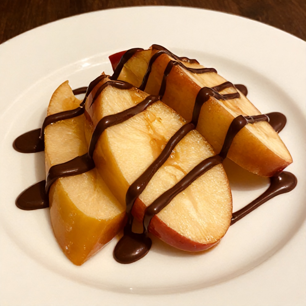 Plated caramel apple slices with chocolate drizzle on a white plate
