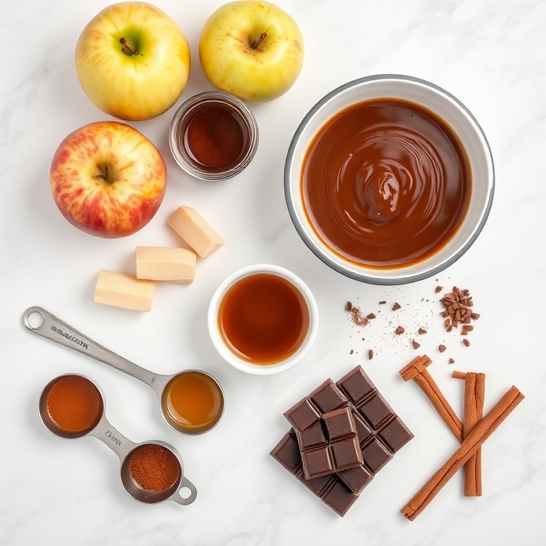 Raw ingredients for caramel apple slices including apples, caramel, chocolate, and cinnamon