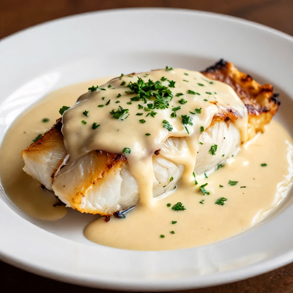 Plated baked halibut with creamy cheese sauce and chopped parsley