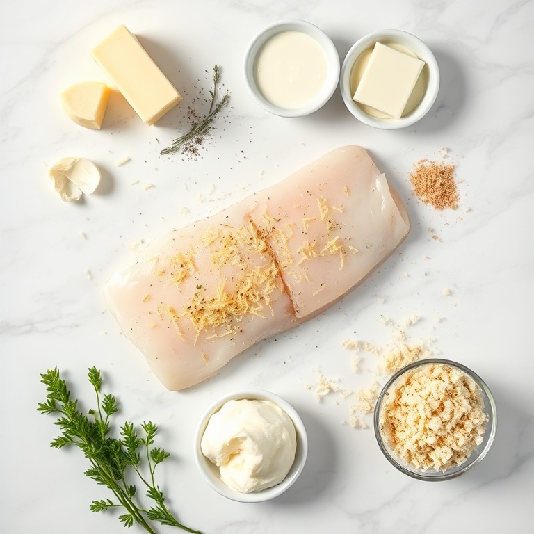 Raw ingredients for cheesy baked halibut: halibut fillets, butter, garlic, heavy cream, Parmesan, mozzarella, breadcrumbs, salt, pepper