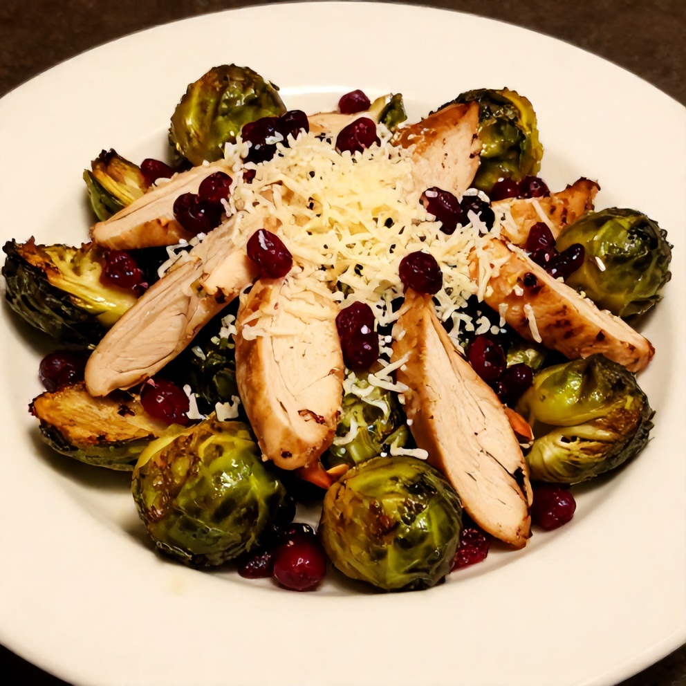 Plated Chicken Brussels Sprout Salad with Cranberries and Parmesan