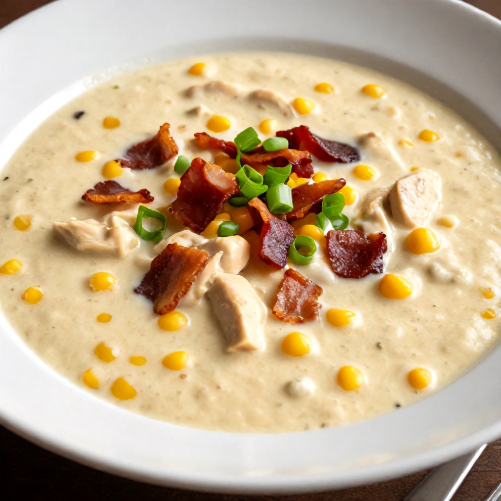 Bowl of creamy chicken corn chowder with crispy bacon and green onions