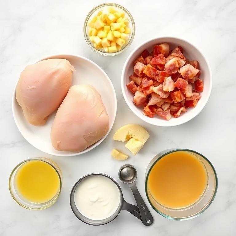 Raw ingredients for chicken corn chowder: chicken breasts, bacon, onion, corn, potatoes, cream, chicken broth