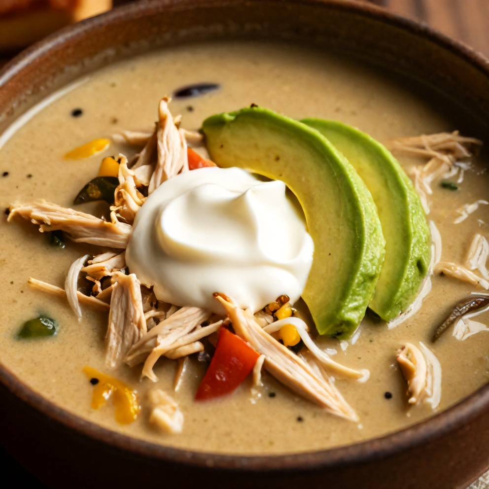 Bowl of Chicken Enchilada Soup with sour cream and avocado slices
