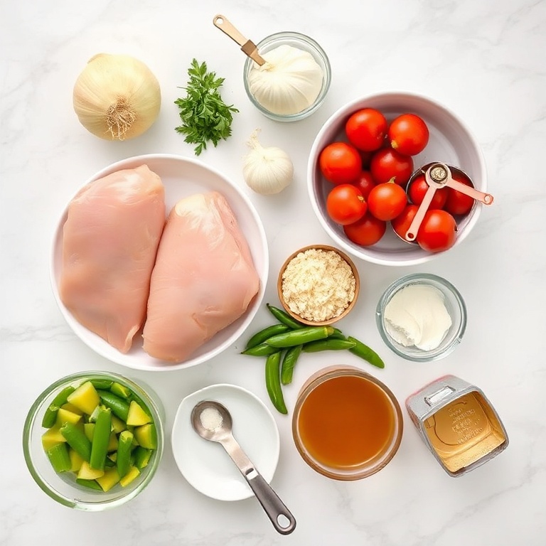 Raw ingredients for Chicken Enchilada Soup: chicken breasts, onions, garlic, canned tomatoes, green chiles, chicken broth