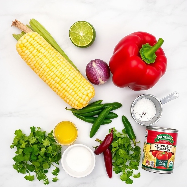 Raw ingredients for Easy Chipotle Corn Salsa on a white marble surface