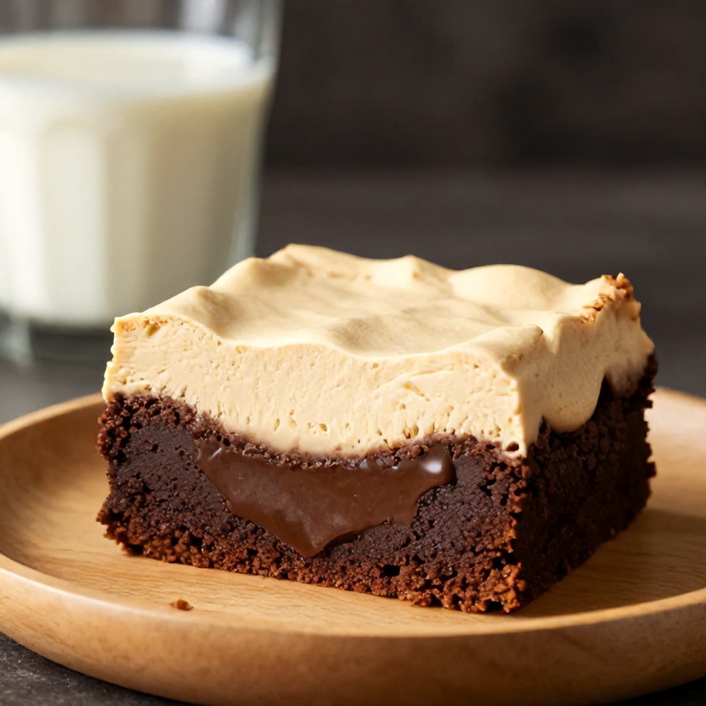 Perfectly sliced Chocolate Mousse Brownies on a plate with a glass of milk
