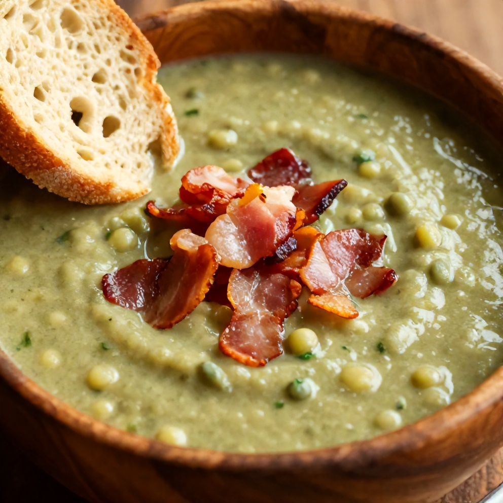 Bowl of Split Pea Soup with Crusty Bread