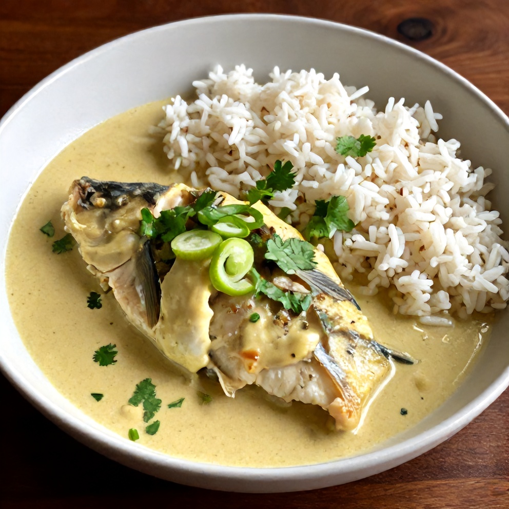 Finished Coconut Lime Fish Curry with Jasmine Rice
