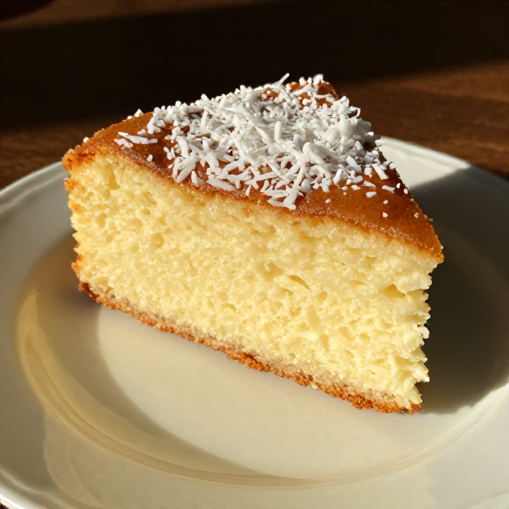 Coconut milk snack cake sliced and served on a white plate