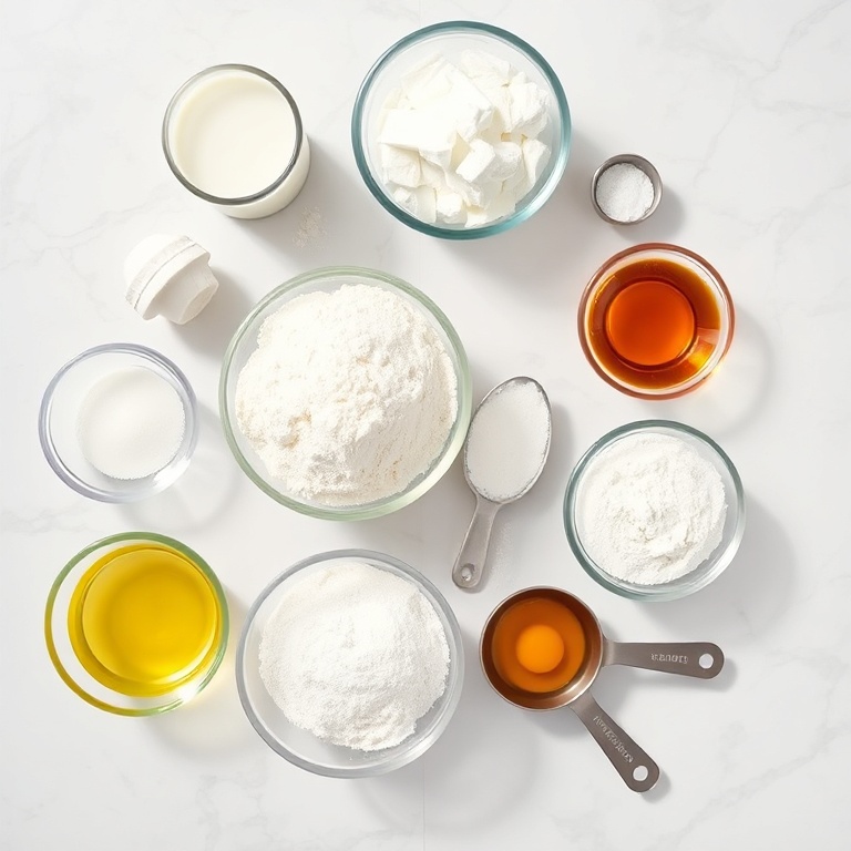Coconut milk, flour, sugar, and other ingredients arranged in prep bowls