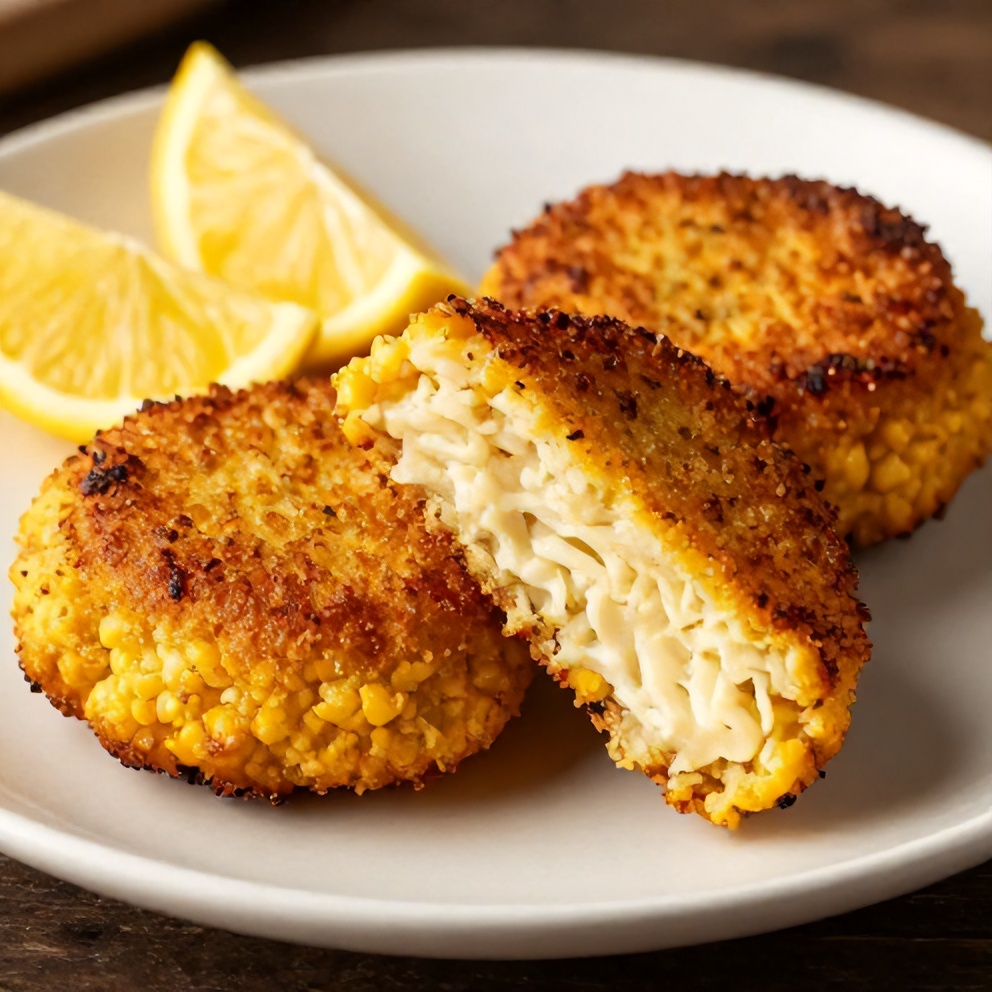 Plated cornbread stuffing crab cakes with lemon wedges