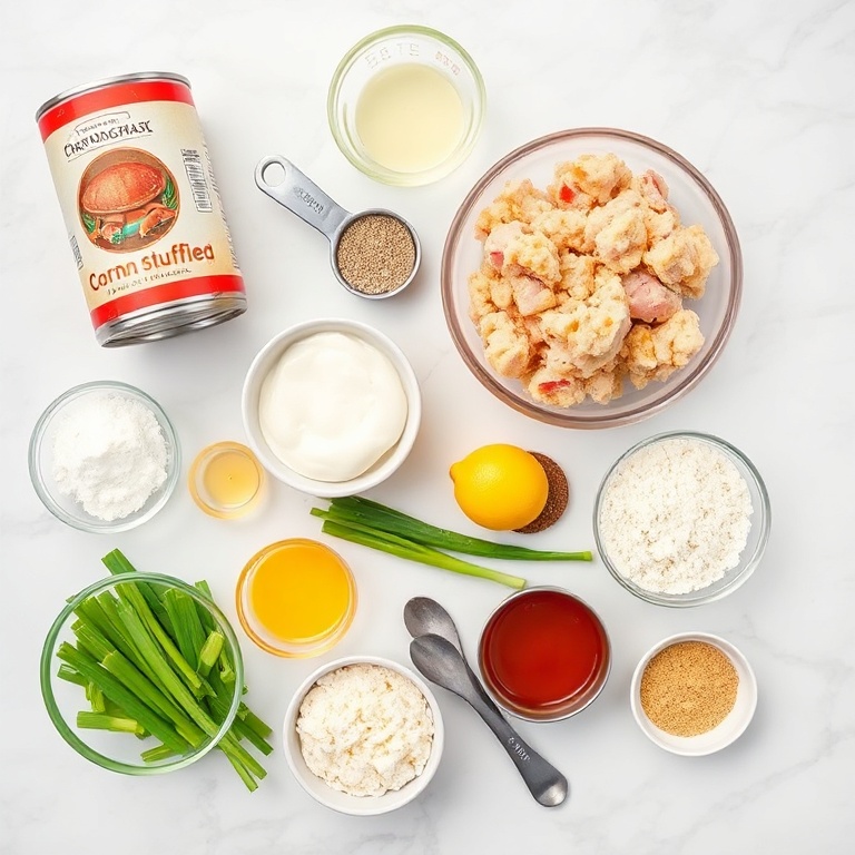 Raw ingredients for cornbread stuffing crab cakes on a marble surface
