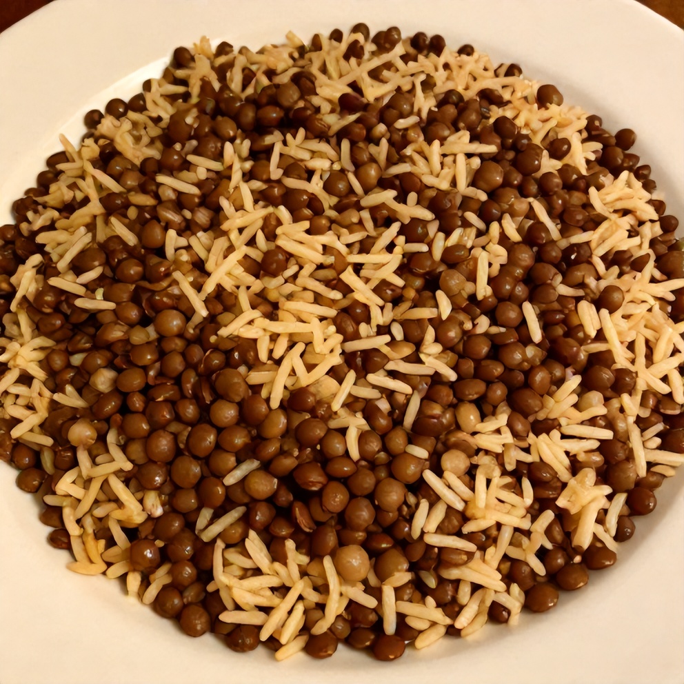 Plated serving of mujadara lentils and rice with parsley garnish