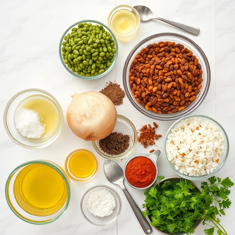 Raw ingredients for mujadara lentils and rice recipe