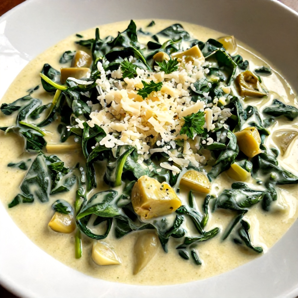 Plated creamed spinach and artichokes