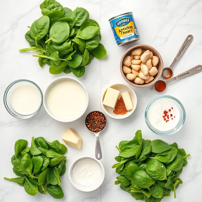 Raw ingredients for creamed spinach and artichokes