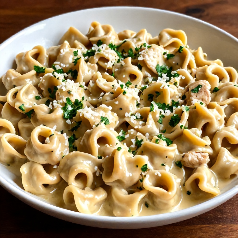 Plated creamy crockpot chicken tortellini with parsley garnish