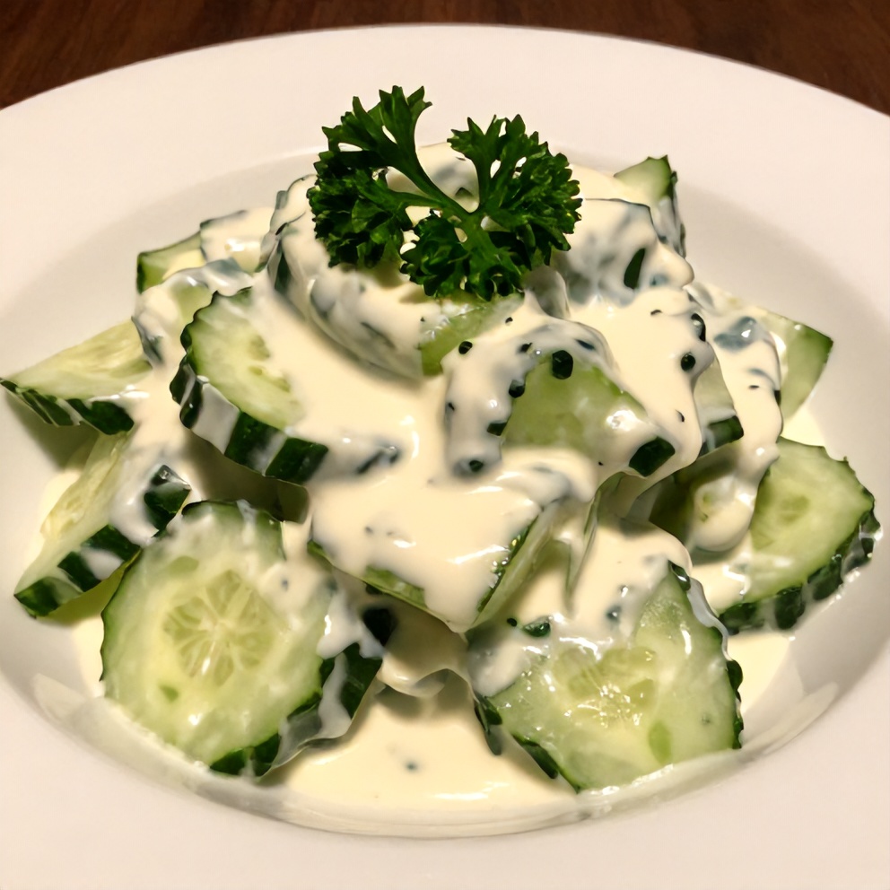 Plated creamy cucumber salad with fresh parsley garnish