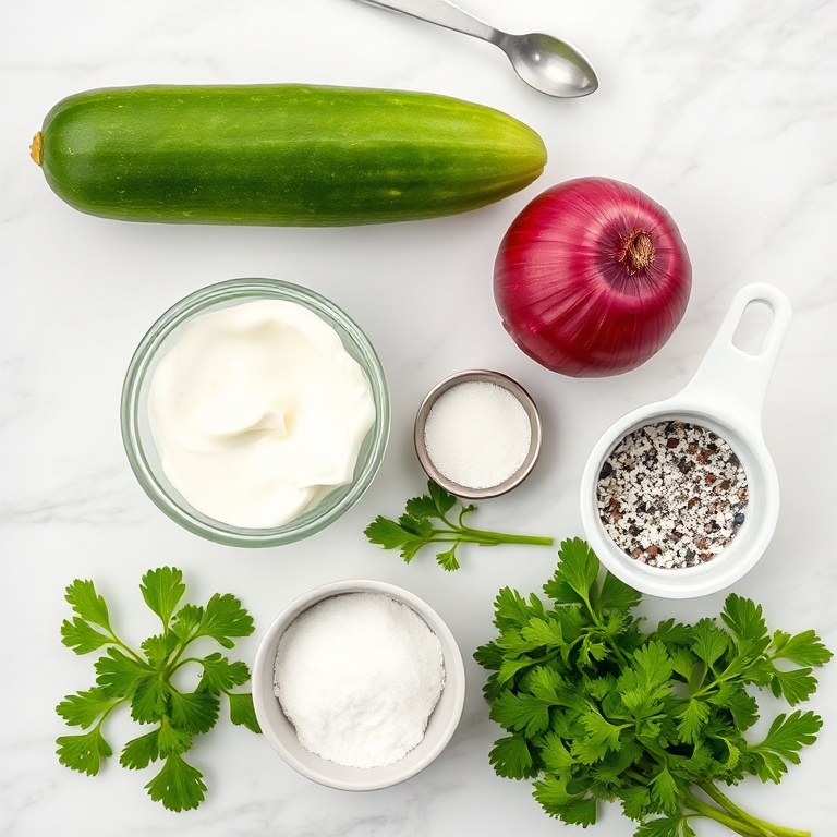 Raw ingredients for creamy cucumber salad: cucumbers, red onions, sour cream, vinegar, sugar, salt, and pepper