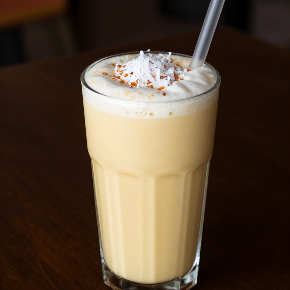 Mango coconut protein shake with a straw