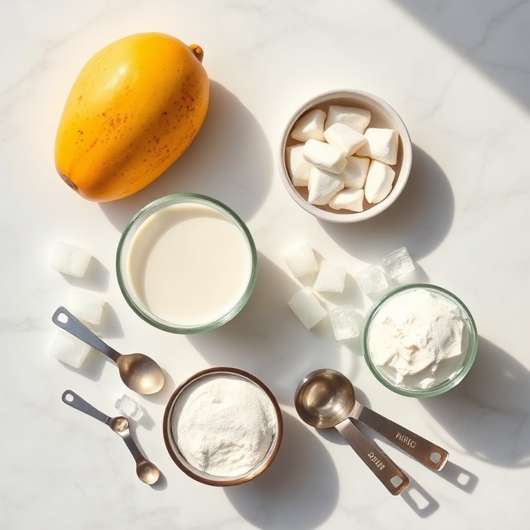 Raw ingredients for mango coconut protein shake