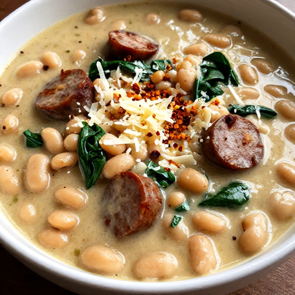 Plated serving of creamy Tuscan white bean soup