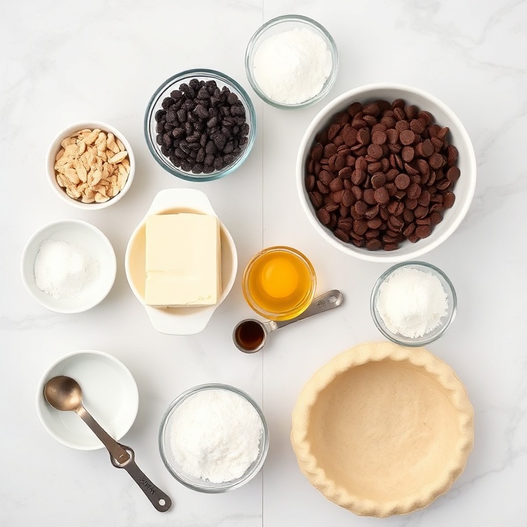 Chocolate chip cookie pie ingredients flat lay