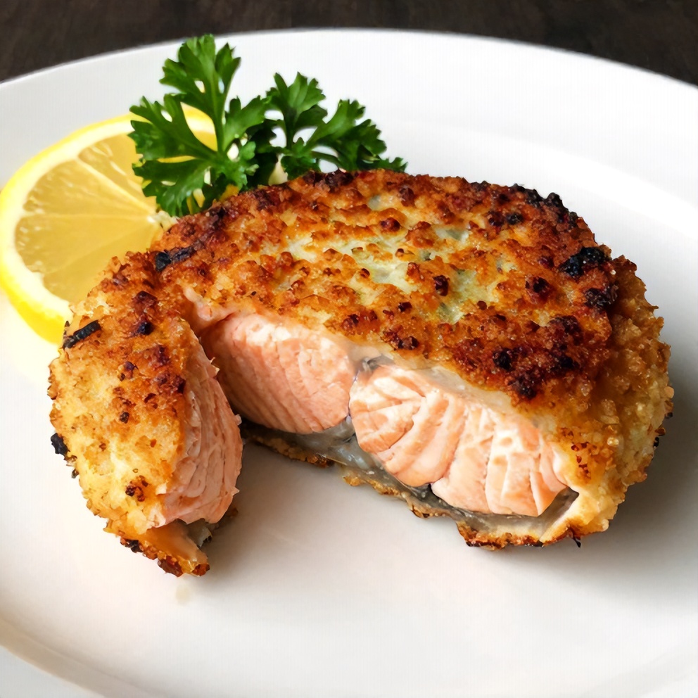 Plated salmon cake with lemon wedge and parsley garnish