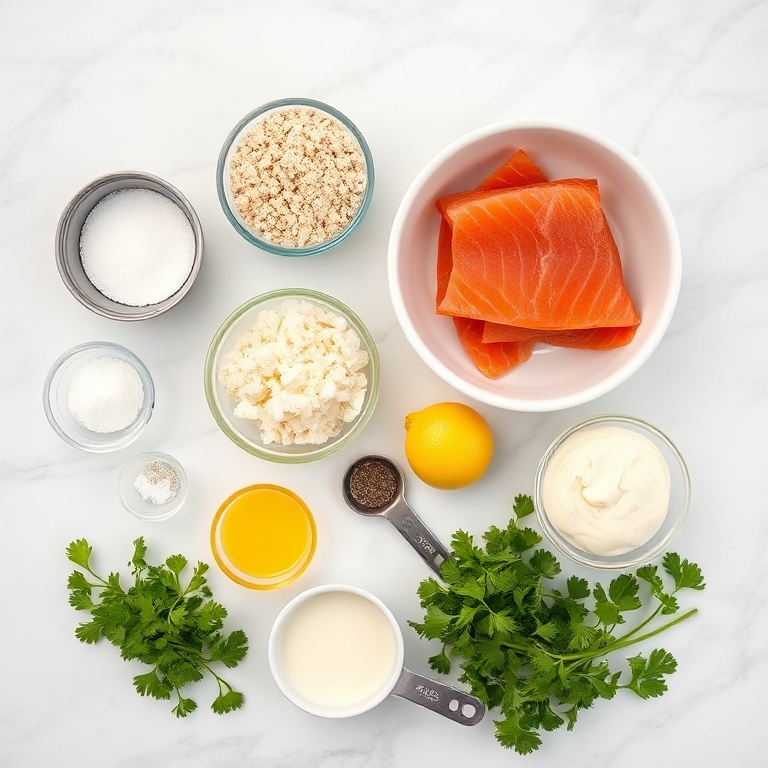 Raw ingredients for salmon cakes on a marble surface