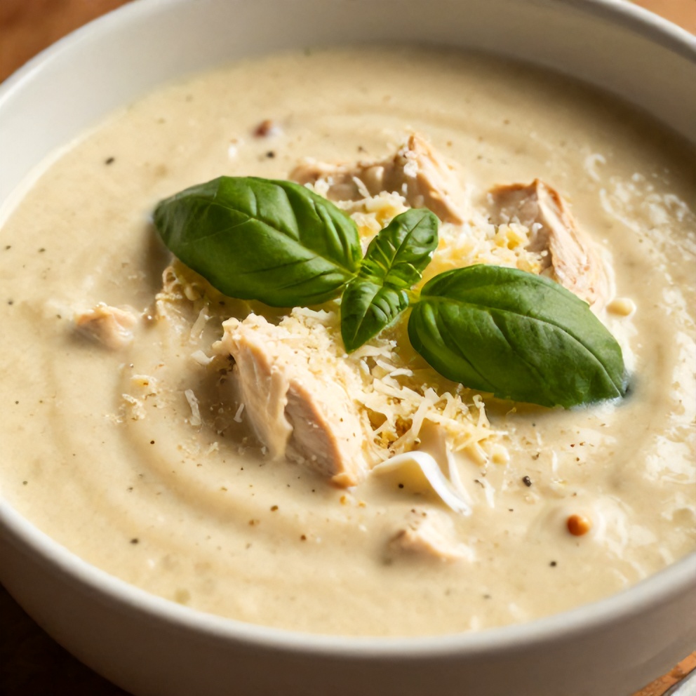 Bowl of Creamy Chicken Parmesan Soup garnished with fresh basil and parmesan cheese