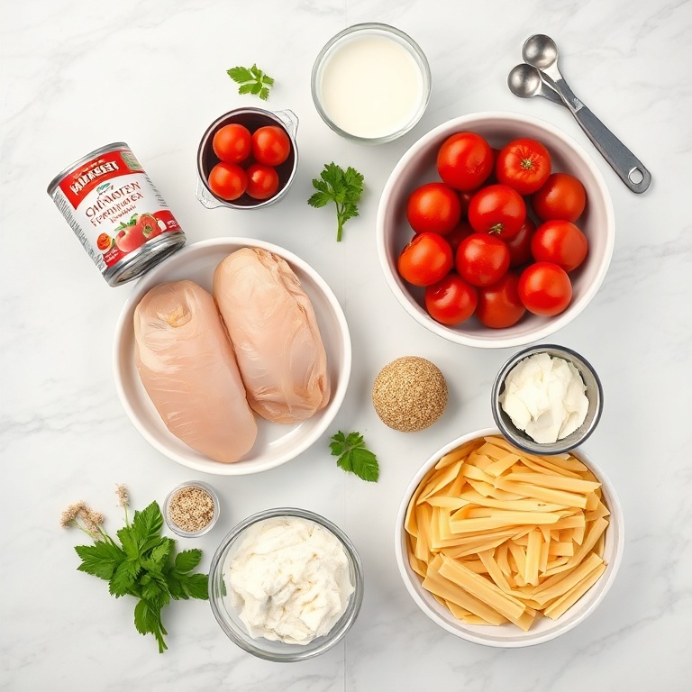 Canned tomatoes, chicken breasts, pasta, heavy cream, parmesan cheese, and other ingredients laid out on a white marble countertop