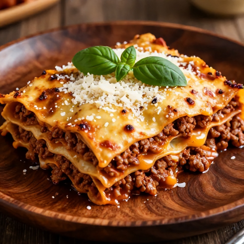 Plated serving of Easy Crockpot Lasagna with fresh basil and grated Parmesan