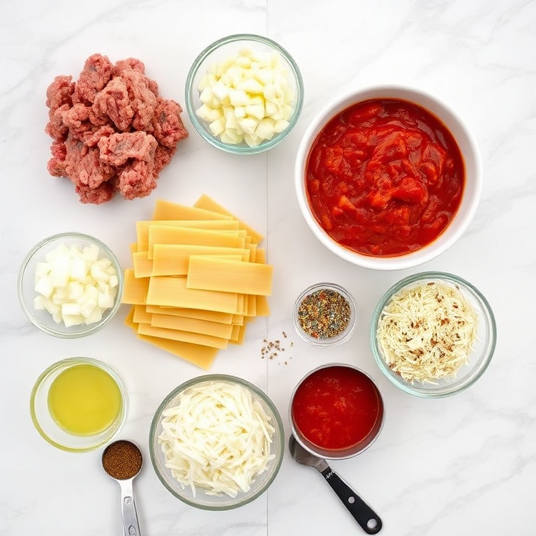Raw ingredients for Easy Crockpot Lasagna including ground beef, ricotta, lasagna noodles, and marinara sauce