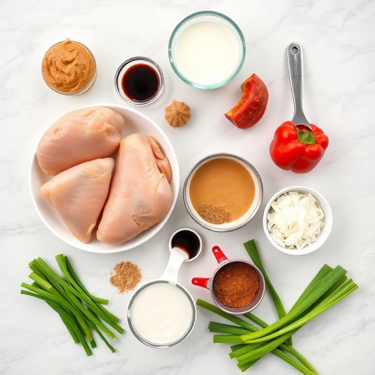 Thai Peanut Chicken ingredients on a marble counter