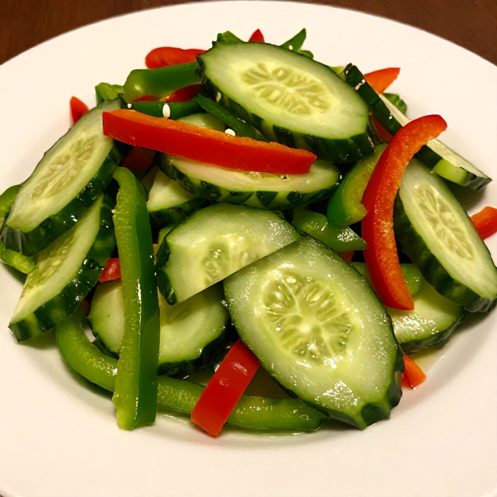Cucumber sweet pepper salad on a white plate