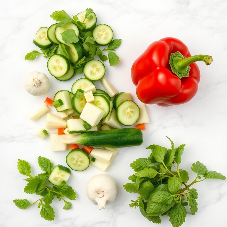 Raw ingredients for cucumber sweet pepper salad on a white marble surface