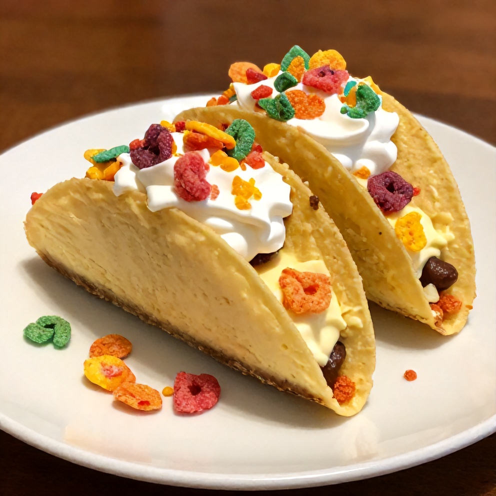 One perfect plated serving of Fruity Pebbles Cheesecake Tacos on a white plate, garnished with whipped cream and a sprinkle of Fruity Pebbles.