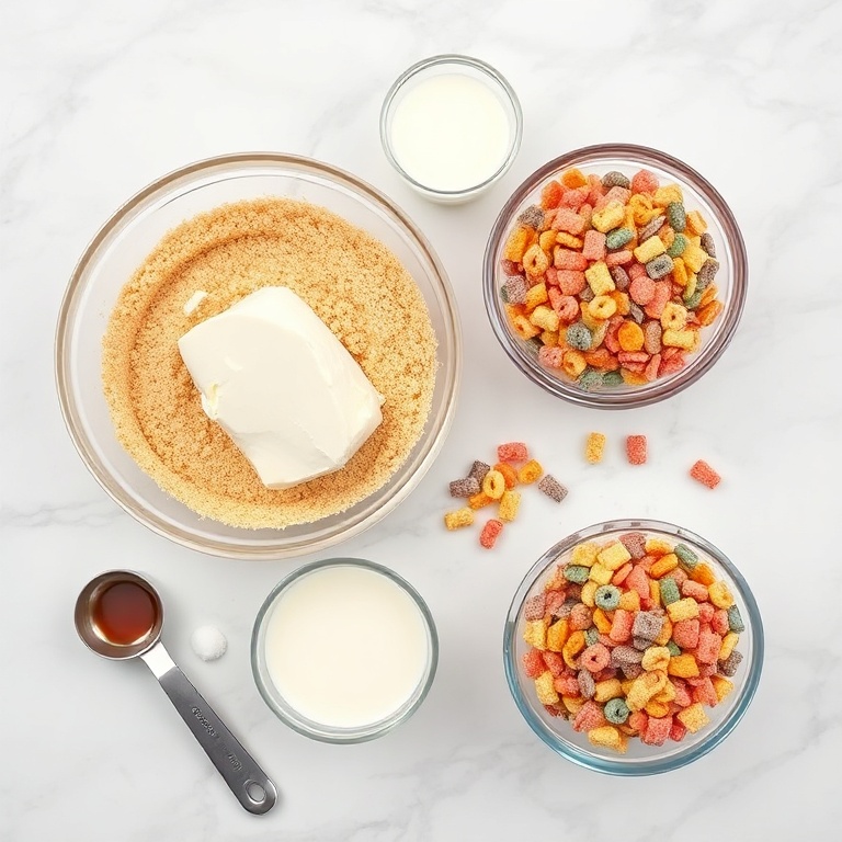 Overhead flat lay of graham cracker crumbs, cream cheese, sugar, milk, vanilla extract, and Fruity Pebbles cereal on a white marble surface.