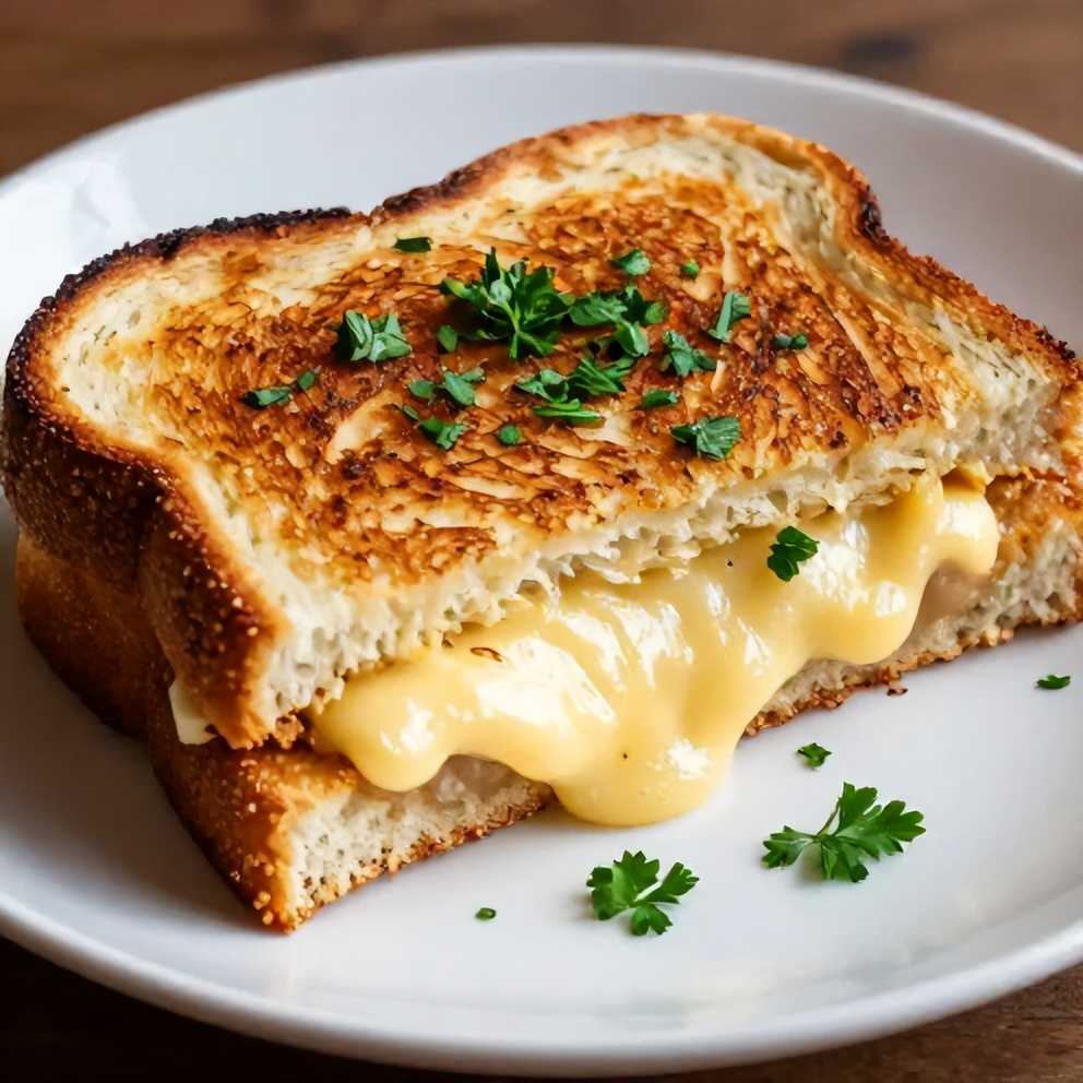 Plated garlic bread grilled cheese sandwich