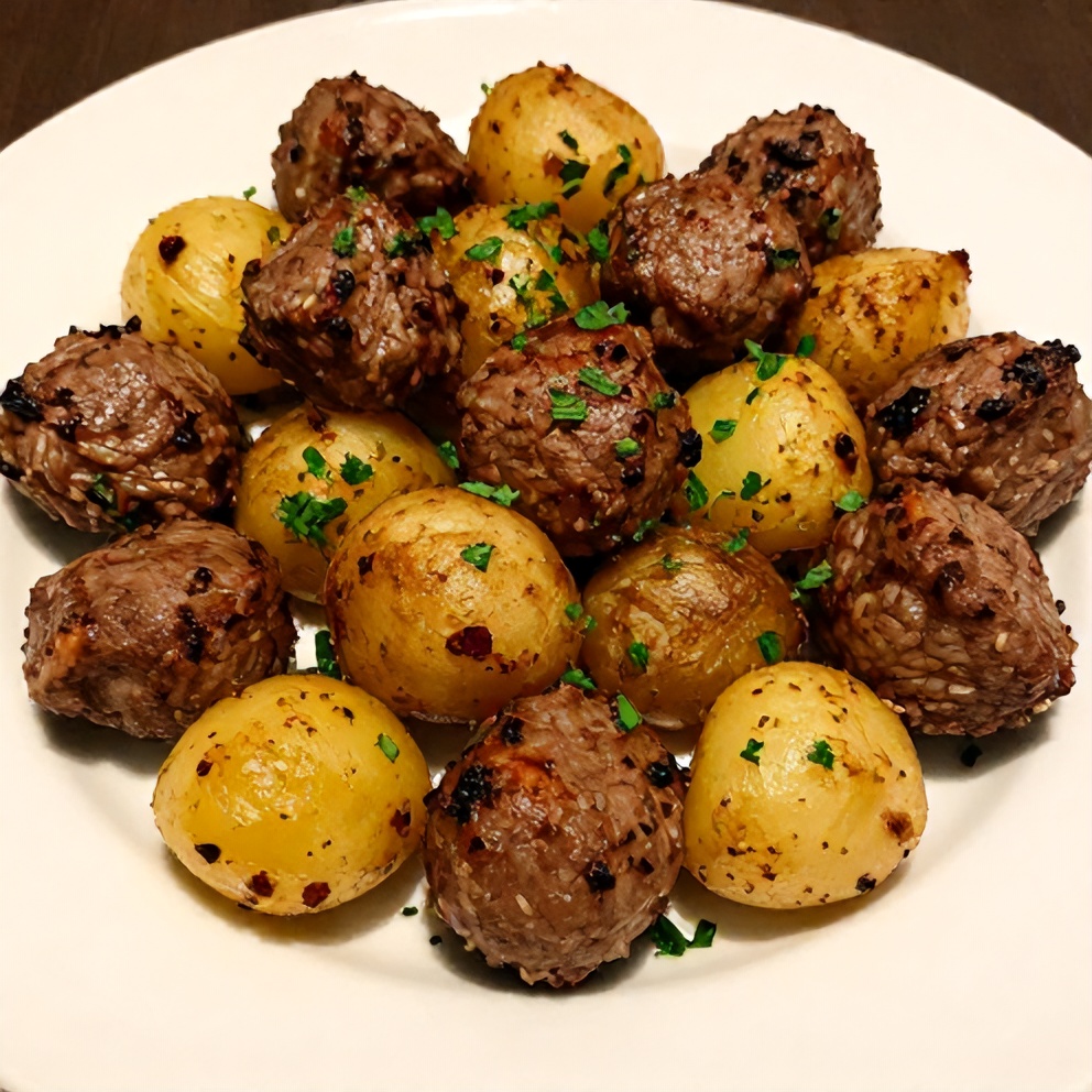 Garlic Butter Steak Bites with Potatoes Ready to Serve