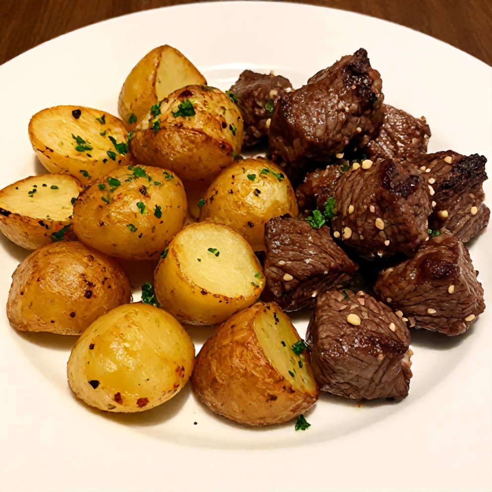 Plated garlic butter steak bites with potatoes