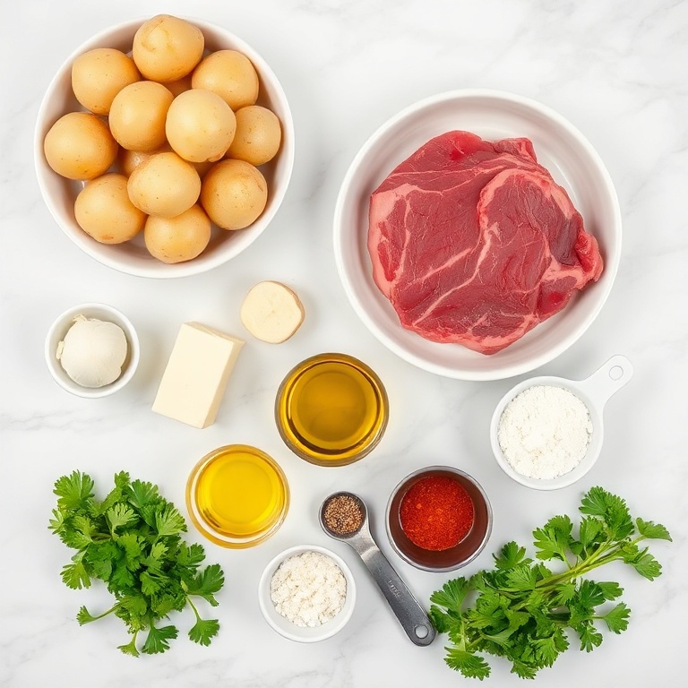 Raw ingredients for garlic butter steak bites with potatoes