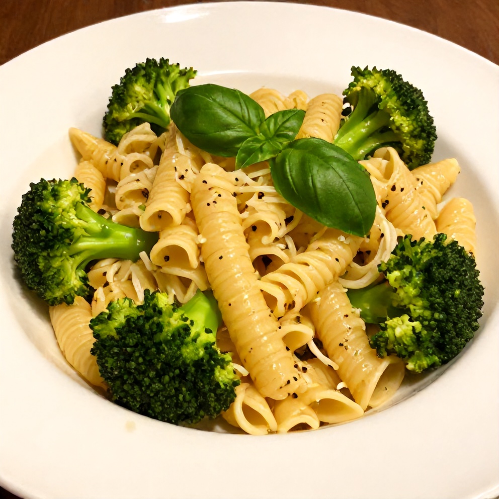 Plated serving of Garlic Parmesan Broccoli Pasta on a white plate, garnished with fresh basil