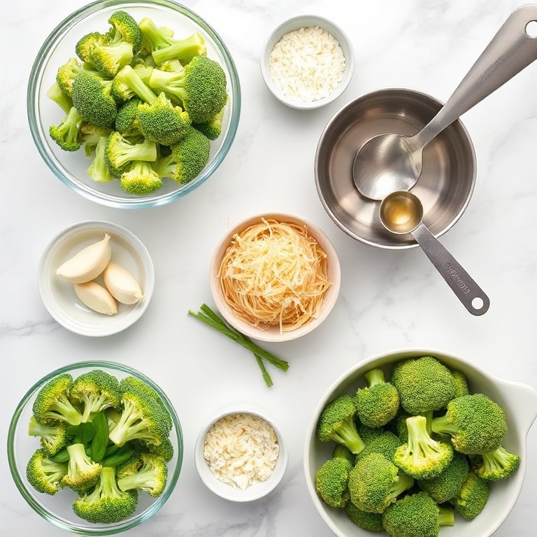 Raw ingredients for Garlic Parmesan Broccoli Pasta arranged in an overhead flat lay, including broccoli florets, garlic cloves, and parmesan cheese