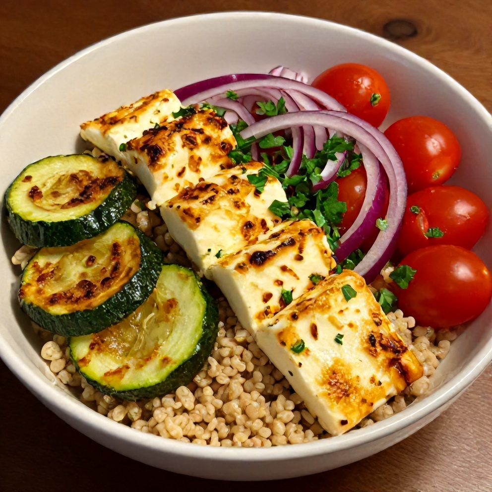 Greek grain bowl with halloumi and crispy zucchini