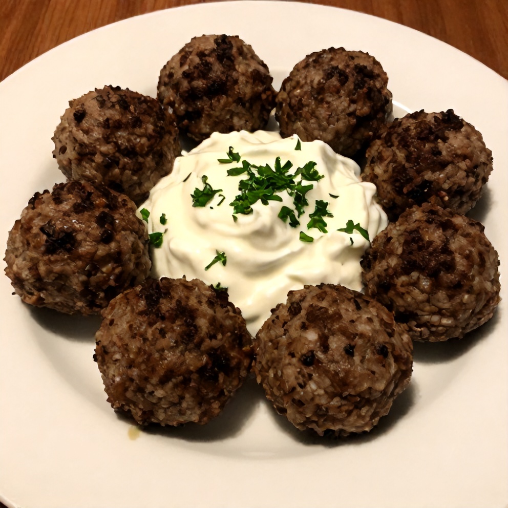 Greek Lentil Meatballs with Tzatziki Sauce plated