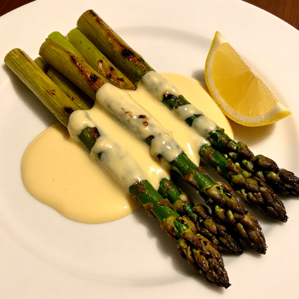 Plated grilled asparagus with tahini lemon sauce