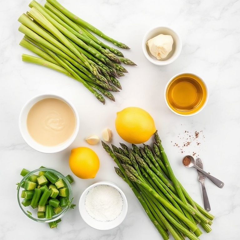 Raw ingredients for grilled asparagus with tahini lemon sauce