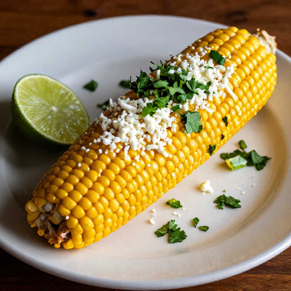 Plated Mexican Street Corn with lime wedge and chopped cilantro